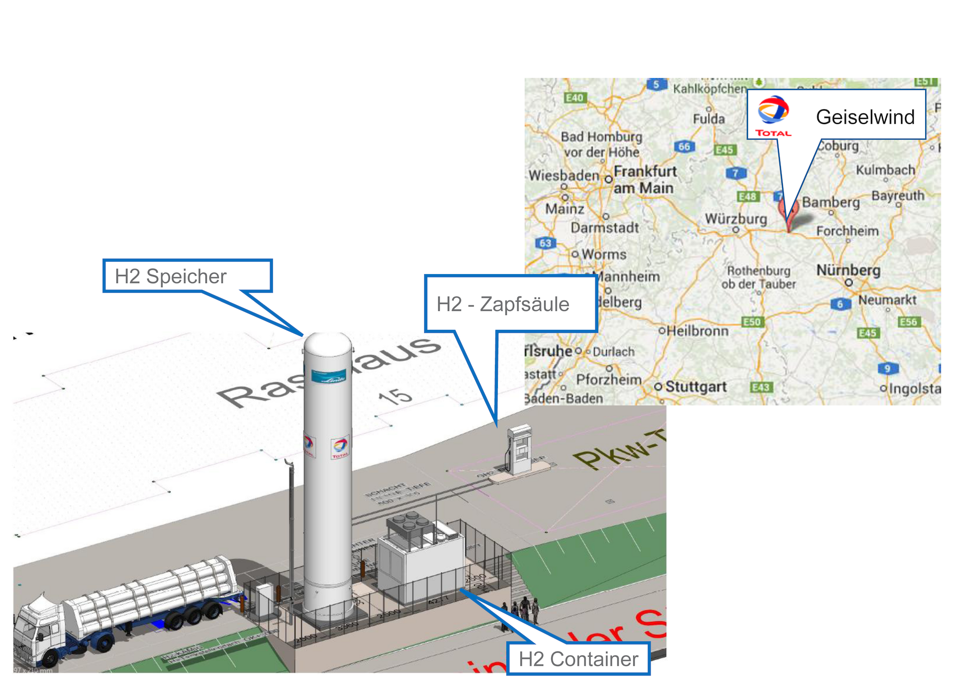 TOTAL Tankstelle Geiselwind: 700 bar &ndash; oberirdischer Speicher mit H2-Zapfs&auml;ule