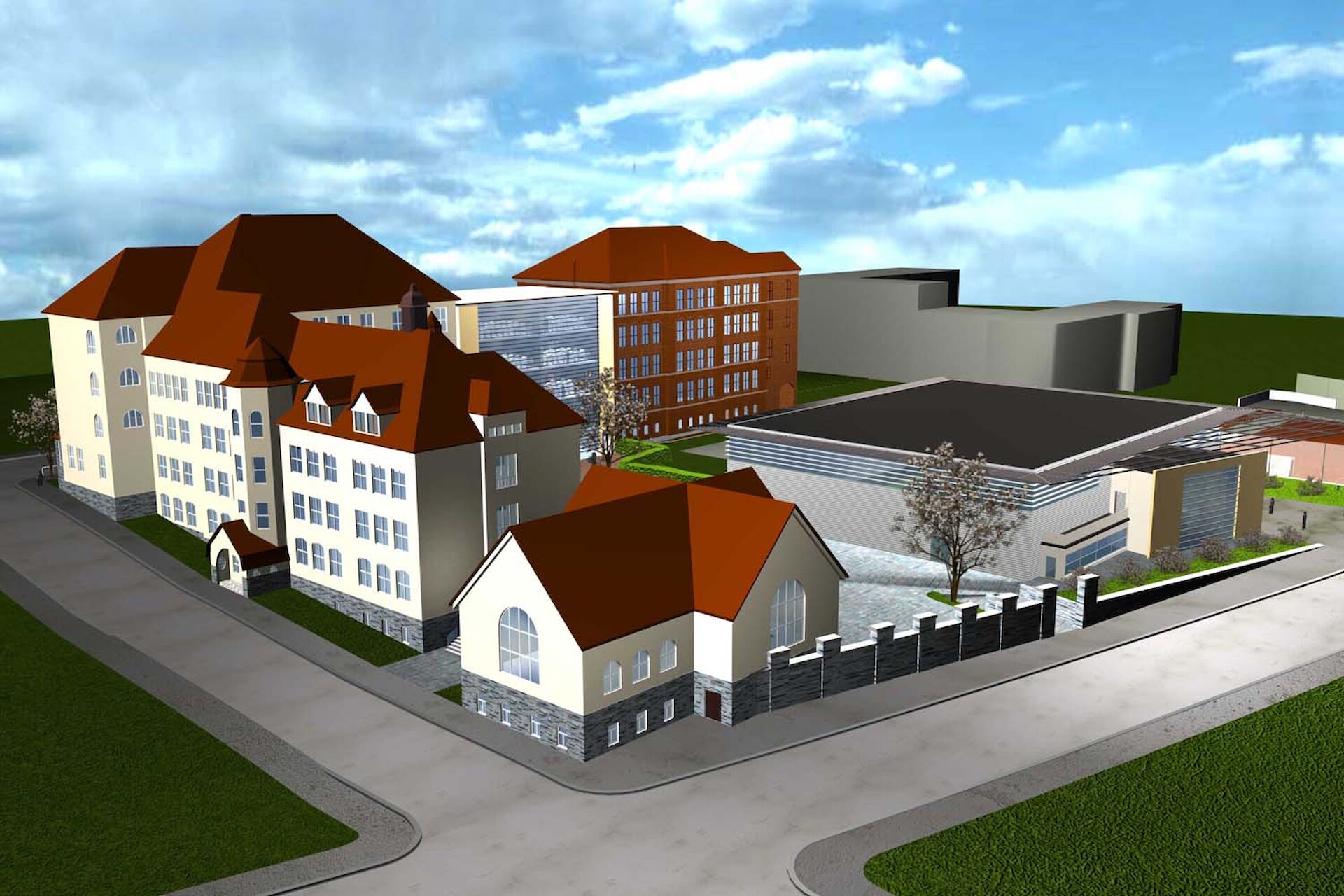 Bauk&ouml;rpermodell zur Schule mit 3-Feld-Sporthalle